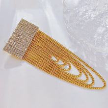 Load image into Gallery viewer, Jewelblings Hip-hop Fashion Inspiration Wide Crystal Pave Bar and Golden Link Chain Drop Brooches Badge Pins for Unisex Base Cloth Accessory
