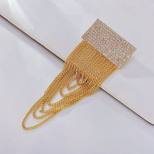 Load image into Gallery viewer, Jewelblings Hip-hop Fashion Inspiration Wide Crystal Pave Bar and Golden Link Chain Drop Brooches Badge Pins for Unisex Base Cloth Accessory
