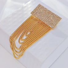 Load image into Gallery viewer, Jewelblings Hip-hop Fashion Inspiration Wide Crystal Pave Bar and Golden Link Chain Drop Brooches Badge Pins for Unisex Base Cloth Accessory
