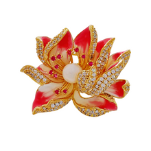 Load image into Gallery viewer, Jewelblings Dream Fancy Style Enameled Petal Micro Pave CZ Pink Lotus Flower Brooches Gold Tone Centered Mother of Pearl Blossom Lotus Pins
