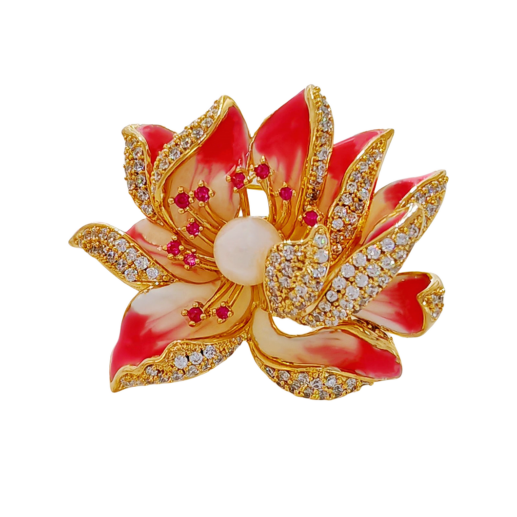Jewelblings Dream Fancy Style Enameled Petal Micro Pave CZ Pink Lotus Flower Brooches Gold Tone Centered Mother of Pearl Blossom Lotus Pins