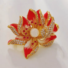 Load image into Gallery viewer, Jewelblings Dream Fancy Style Enameled Petal Micro Pave CZ Pink Lotus Flower Brooches Gold Tone Centered Mother of Pearl Blossom Lotus Pins
