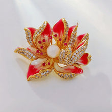 Load image into Gallery viewer, Jewelblings Dream Fancy Style Enameled Petal Micro Pave CZ Pink Lotus Flower Brooches Gold Tone Centered Mother of Pearl Blossom Lotus Pins
