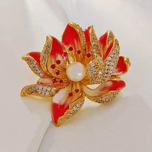 Load image into Gallery viewer, Jewelblings Dream Fancy Style Enameled Petal Micro Pave CZ Pink Lotus Flower Brooches Gold Tone Centered Mother of Pearl Blossom Lotus Pins
