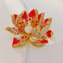Load image into Gallery viewer, Jewelblings Dream Fancy Style Enameled Petal Micro Pave CZ Pink Lotus Flower Brooches Gold Tone Centered Mother of Pearl Blossom Lotus Pins
