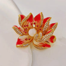 Load image into Gallery viewer, Jewelblings Dream Fancy Style Enameled Petal Micro Pave CZ Pink Lotus Flower Brooches Gold Tone Centered Mother of Pearl Blossom Lotus Pins

