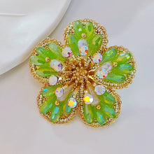 Load image into Gallery viewer, Jewelblings Delightful Gold Tone AB Crystal Accent Green Flower Pins Brooch for Costume Cothes Sweater Coat Special Gift Anniversary Jewelry

