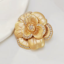 Load image into Gallery viewer, Elegancy Gold Metallic Bloom Camellia Flower Brooch Pin with Crystal Accent
