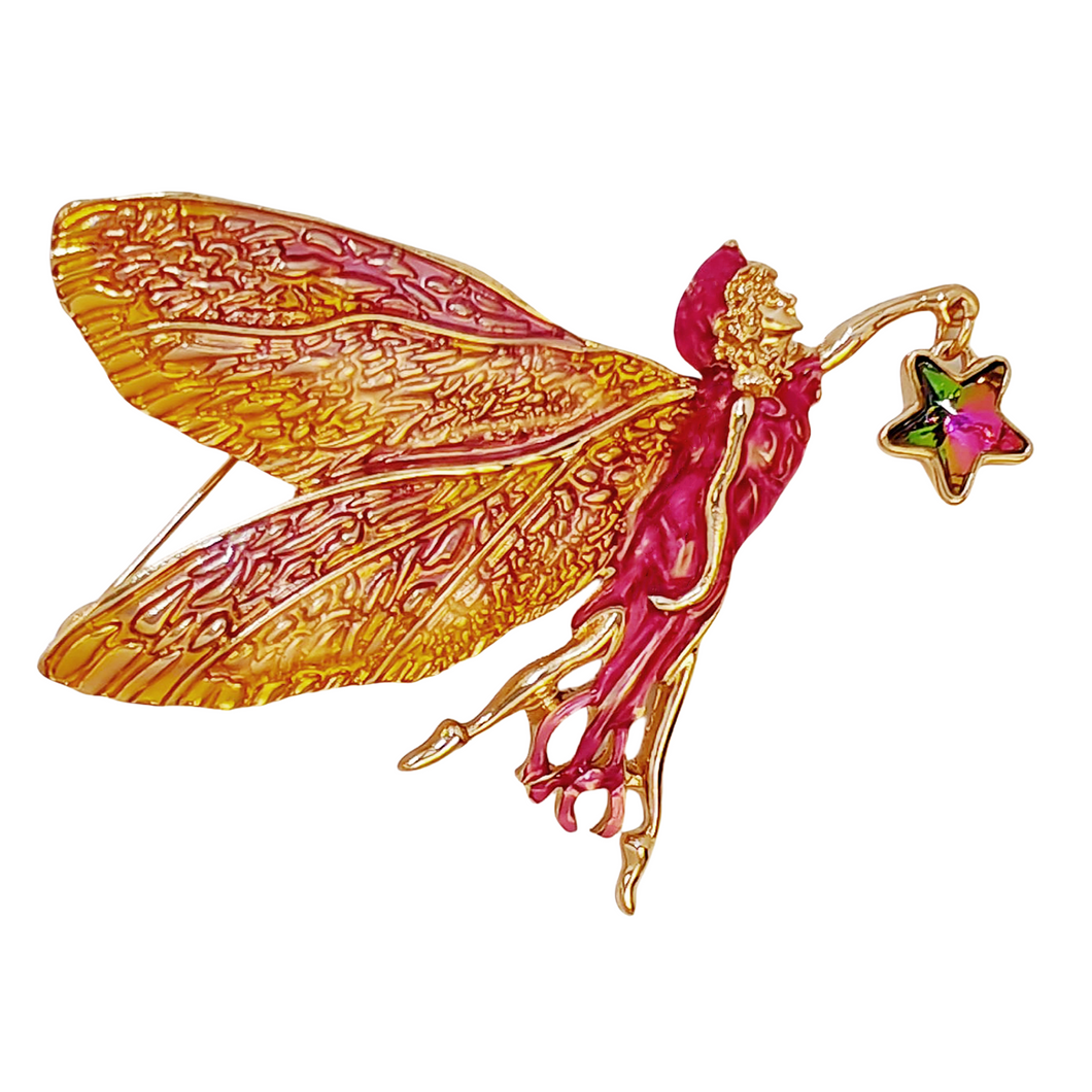 Jewelblings Delightful Gold Tone Pink Enamel Fairy Brooch with Star Vintage Birthday Church Formal Jewelry for Women Ladies Mother Grandmom