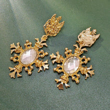 Load image into Gallery viewer, Italian Antique Gold Eagle and Clear Maltese Cross Drop Earrings Wedding Church Jewelry

