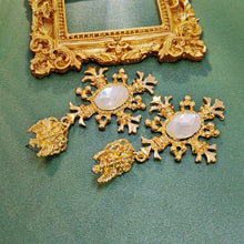 Load image into Gallery viewer, Italian Antique Gold Eagle and Clear Maltese Cross Drop Earrings Wedding Church Jewelry
