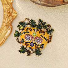 Load image into Gallery viewer, Spooky Vintage Crystal &amp;Green Vine Accent Enamel Halloween Pumpkin Brooch Pin
