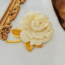 Load image into Gallery viewer, Romance Vintage Ivory Resin Rose Brooch with Gold Leaf Detail Sweet Jewelry
