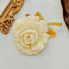 Load image into Gallery viewer, Romance Vintage Ivory Resin Rose Brooch with Gold Leaf Detail Sweet Jewelry
