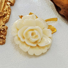 Load image into Gallery viewer, Romance Vintage Ivory Resin Rose Brooch with Gold Leaf Detail Sweet Jewelry
