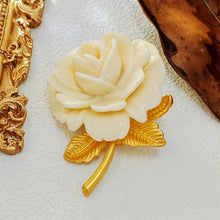 Load image into Gallery viewer, Romance Vintage Ivory Resin Rose Brooch with Gold Leaf Detail Sweet Jewelry
