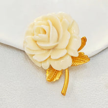 Load image into Gallery viewer, Romance Vintage Ivory Resin Rose Brooch with Gold Leaf Detail Sweet Jewelry
