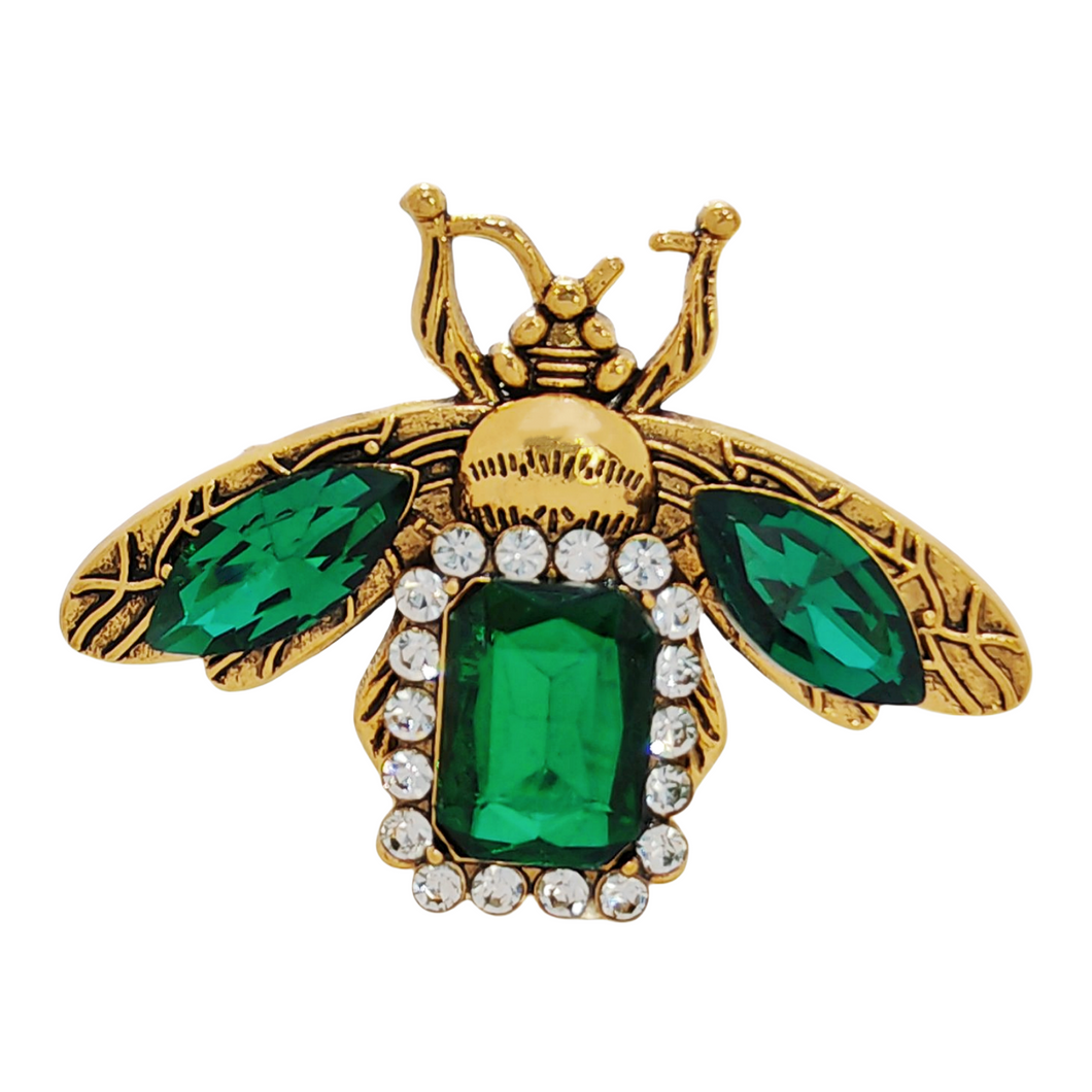 Antique Gold Metal & Green Rhinestone Bee Brooch Insect Bug Jewelry