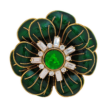 Load image into Gallery viewer, Impressive Two-tiered Green Enamel Flower Brooch with Gold Detail
