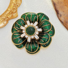 Load image into Gallery viewer, Impressive Two-tiered Green Enamel Flower Brooch with Gold Detail
