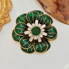 Load image into Gallery viewer, Impressive Two-tiered Green Enamel Flower Brooch with Gold Detail
