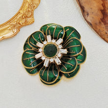 Load image into Gallery viewer, Impressive Two-tiered Green Enamel Flower Brooch with Gold Detail
