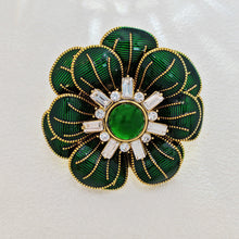 Load image into Gallery viewer, Impressive Two-tiered Green Enamel Flower Brooch with Gold Detail
