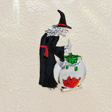 Load image into Gallery viewer, Spooky Old Ugly Witch Stirring Cauldron Brooch Halloween Wardrobe Jewelry
