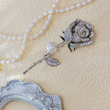 Load image into Gallery viewer, Romantic Vintage Silver Brooch with Mother of Pearl Deco and Long Stem White Rose Buds – Perfect Wedding Accessory
