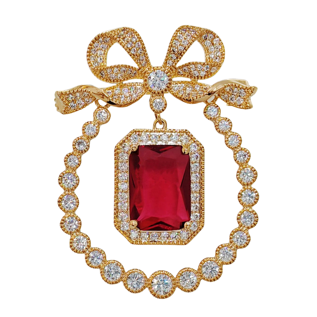 Vintage Style Opens Ribbon Bow Red Stone Drop Pear Shaped Brooch Pin