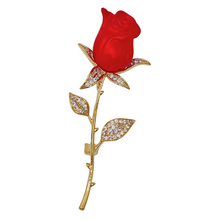 Load image into Gallery viewer, Jewelblings Romance Elegant CZ Leaf Golden Long Thorns Stem Enchanting Red Rose Bud Pin Broaches Enamel Floral Date Anniversary Gift Jewelry
