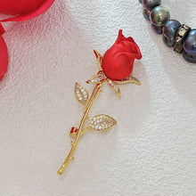Load image into Gallery viewer, Jewelblings Romance Elegant CZ Leaf Golden Long Thorns Stem Enchanting Red Rose Bud Pin Broaches Enamel Floral Date Anniversary Gift Jewelry
