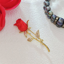 Load image into Gallery viewer, Jewelblings Romance Elegant CZ Leaf Golden Long Thorns Stem Enchanting Red Rose Bud Pin Broaches Enamel Floral Date Anniversary Gift Jewelry
