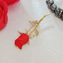 Load image into Gallery viewer, Jewelblings Romance Elegant CZ Leaf Golden Long Thorns Stem Enchanting Red Rose Bud Pin Broaches Enamel Floral Date Anniversary Gift Jewelry
