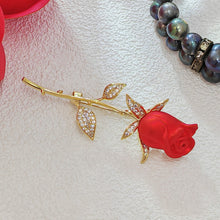 Load image into Gallery viewer, Jewelblings Romance Elegant CZ Leaf Golden Long Thorns Stem Enchanting Red Rose Bud Pin Broaches Enamel Floral Date Anniversary Gift Jewelry
