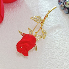 Load image into Gallery viewer, Jewelblings Romance Elegant CZ Leaf Golden Long Thorns Stem Enchanting Red Rose Bud Pin Broaches Enamel Floral Date Anniversary Gift Jewelry
