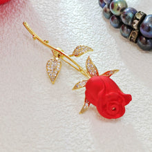 Load image into Gallery viewer, Jewelblings Romance Elegant CZ Leaf Golden Long Thorns Stem Enchanting Red Rose Bud Pin Broaches Enamel Floral Date Anniversary Gift Jewelry
