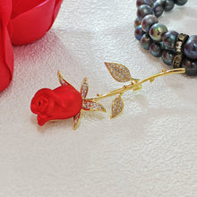 Load image into Gallery viewer, Jewelblings Romance Elegant CZ Leaf Golden Long Thorns Stem Enchanting Red Rose Bud Pin Broaches Enamel Floral Date Anniversary Gift Jewelry
