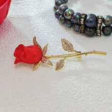 Load image into Gallery viewer, Jewelblings Romance Elegant CZ Leaf Golden Long Thorns Stem Enchanting Red Rose Bud Pin Broaches Enamel Floral Date Anniversary Gift Jewelry
