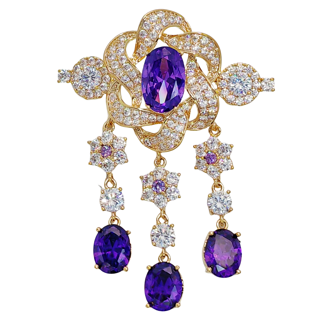 Vintage Victorian Look Purple Twist Ribbon Flower Brooch with Trio Long Drop