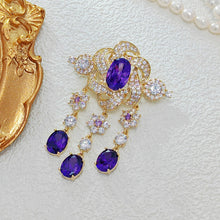 Load image into Gallery viewer, Vintage Victorian Look Purple Twist Ribbon Flower Brooch with Trio Long Drop
