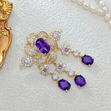 Load image into Gallery viewer, Vintage Victorian Look Purple Twist Ribbon Flower Brooch with Trio Long Drop
