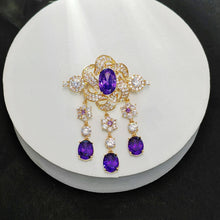Load image into Gallery viewer, Vintage Victorian Look Purple Twist Ribbon Flower Brooch with Trio Long Drop
