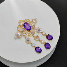 Load image into Gallery viewer, Vintage Victorian Look Purple Twist Ribbon Flower Brooch with Trio Long Drop
