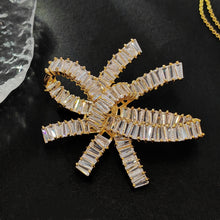 Load image into Gallery viewer, Fantastic Gold Tone Dimension Baguette Cut CZ Ribbon Bow Brooch Pin Bridal Jewelry
