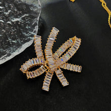 Load image into Gallery viewer, Fantastic Gold Tone Dimension Baguette Cut CZ Ribbon Bow Brooch Pin Bridal Jewelry
