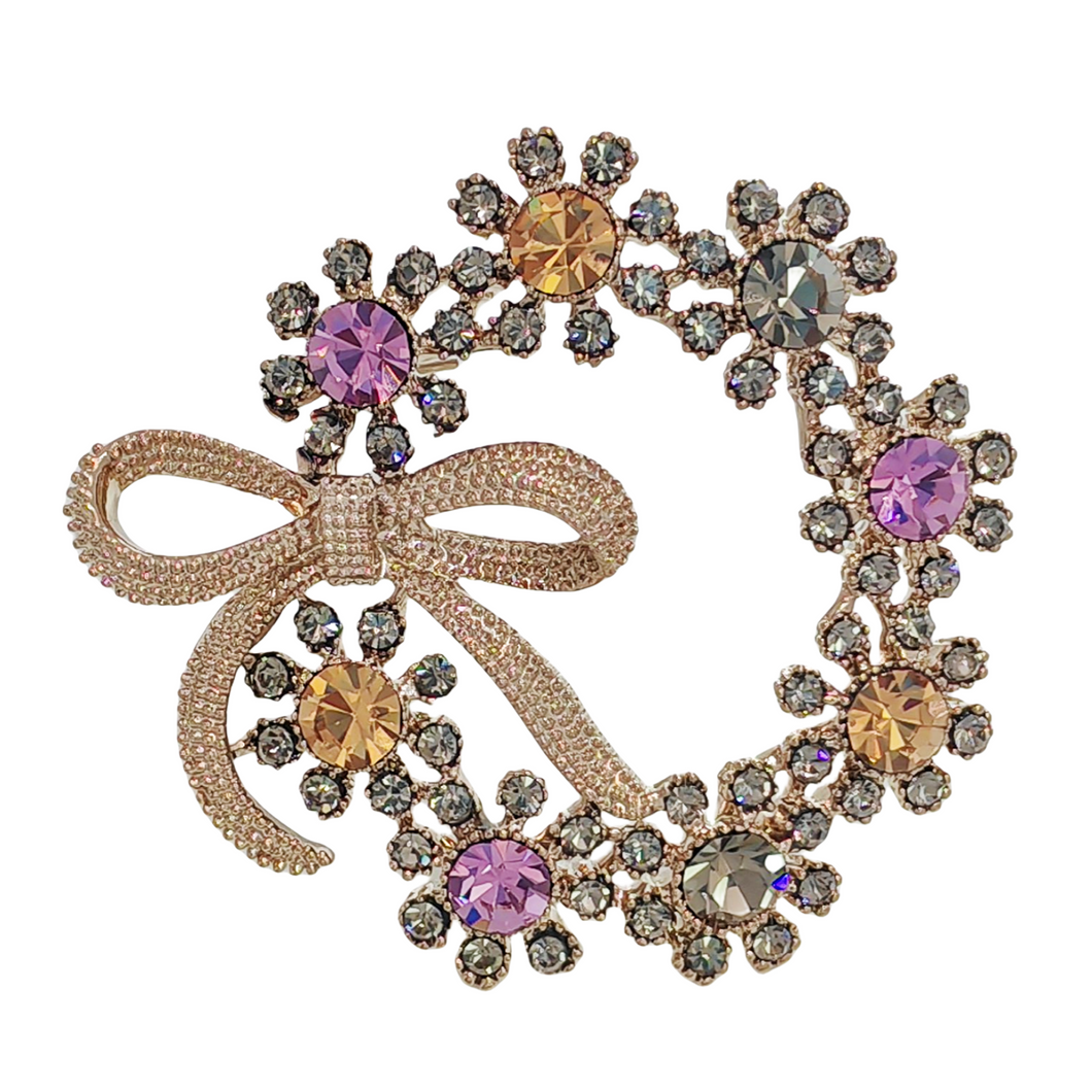 Stunning Colorful Crystal Ribbon Bow & Garland Brooch Bowtie Wreath Pins