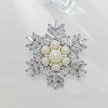 Load image into Gallery viewer, Jewelblings Winter Holiday Jewelry Buaguette Cut CZ Cluster Mother of Pearls Snowflake Brooch Snow Flower Pin or Women Coat Dressy Clothes
