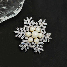 Load image into Gallery viewer, Jewelblings Winter Holiday Jewelry Buaguette Cut CZ Cluster Mother of Pearls Snowflake Brooch Snow Flower Pin or Women Coat Dressy Clothes
