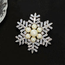 Load image into Gallery viewer, Jewelblings Winter Holiday Jewelry Buaguette Cut CZ Cluster Mother of Pearls Snowflake Brooch Snow Flower Pin or Women Coat Dressy Clothes
